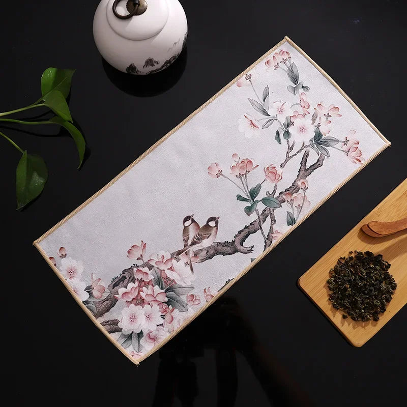 serviettes thé vert bleu beige peinture chinoise motifs floraux art traditionnel zipper cuisine