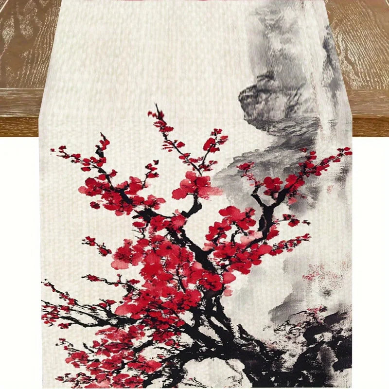 nappe longue imprimée fleurs cerisiers effet aquarelle décoration asiatique table maison assiettes couverts verres