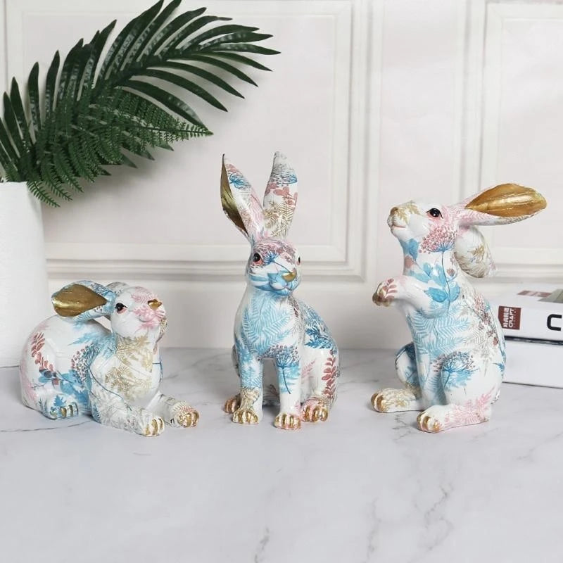 statuette lapin décorative résine peinte motifs floraux dorures modernes blanc rose bleu vert jaune