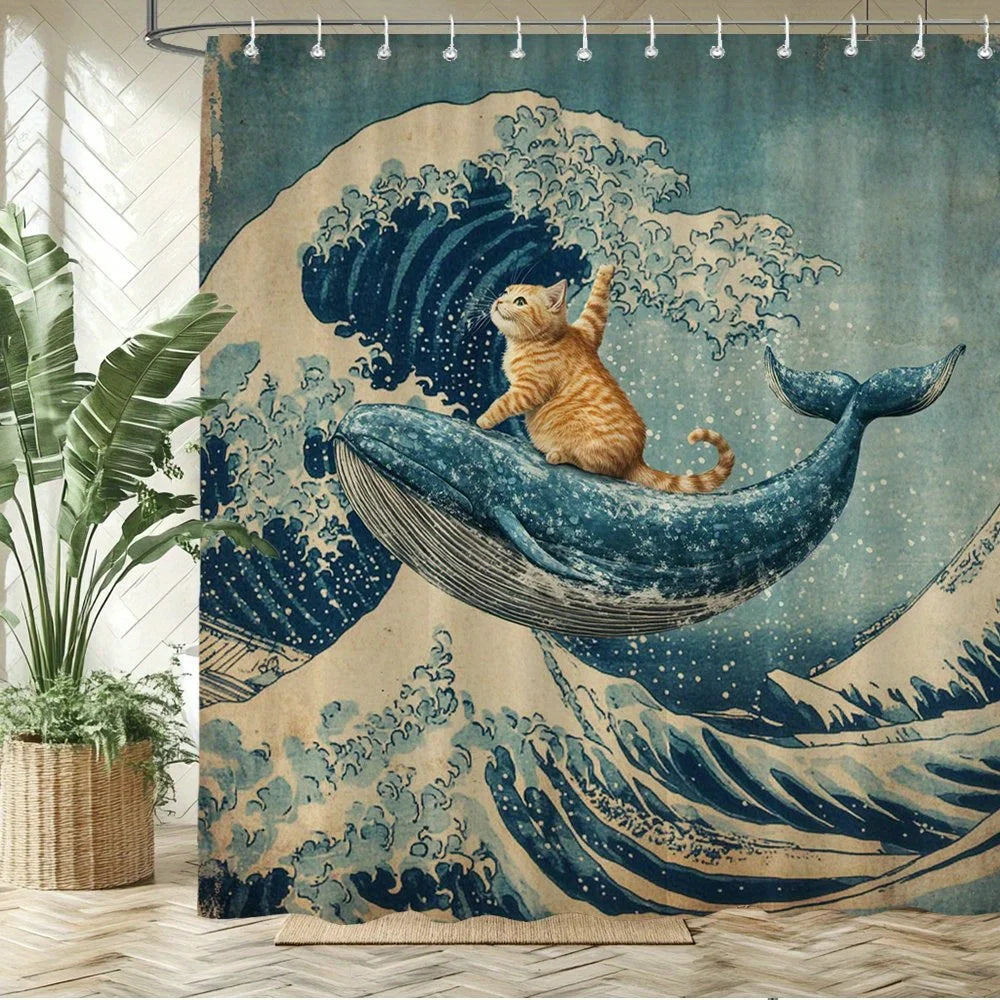 rideau douche unpièce illustration chat baleine bleue orange ourlet polyester tige marine appartement artistique