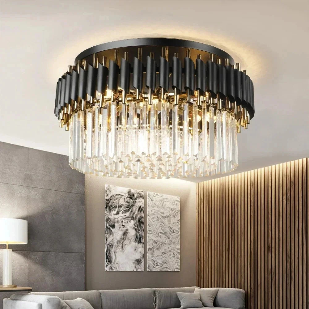lustre led cristal noir doré moderne pendeloques transparentes barres verticales chambre restaurant