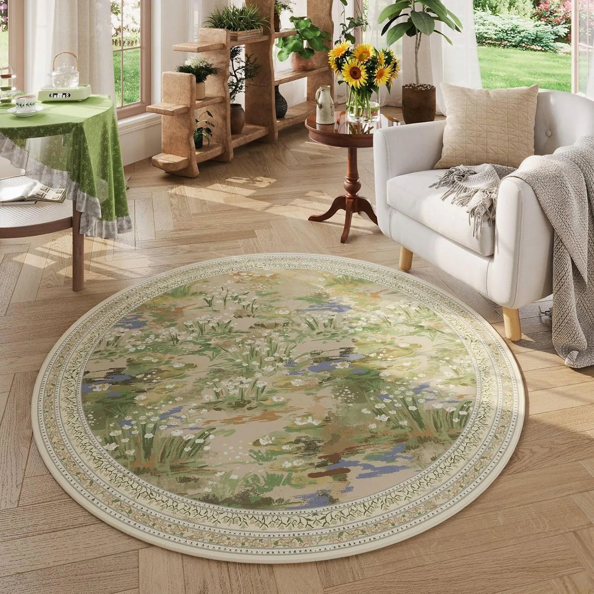 tapis rond fleuri vert rose noir salon chambre fleurs feuilles bordure decorative 80x80cm 120x120cm