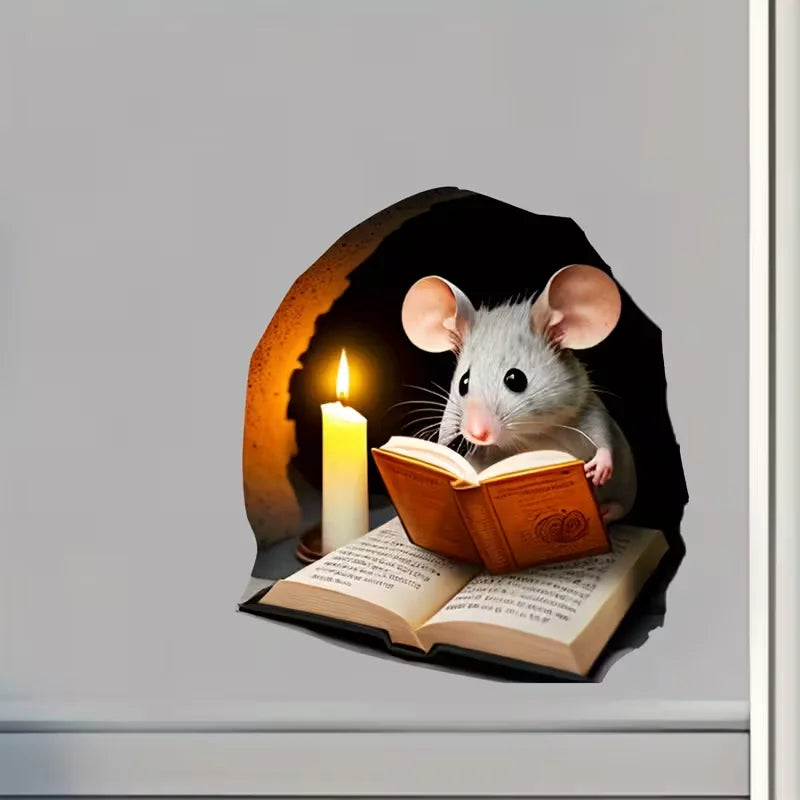 autocollant mural 3d souris livre bougie gris blanc brun noir décoration chambre étagère amovible