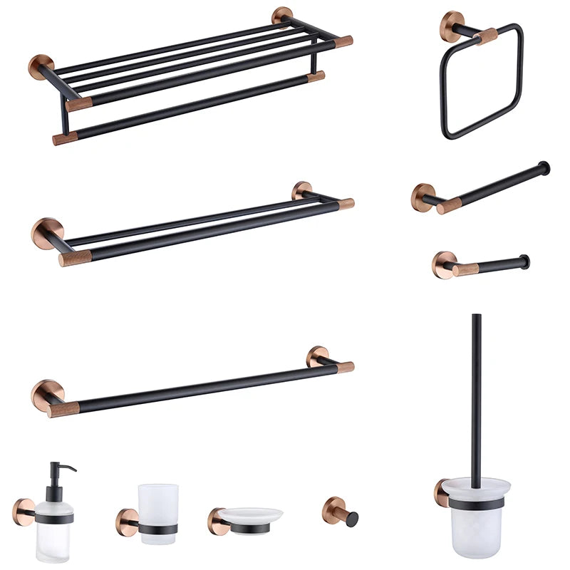 ensemble accessoires salle bain mural métal noir cuivre porte serviette savon distributeur moderne