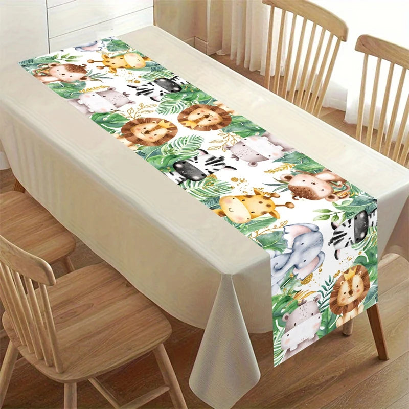 table cuisine nappe animaux savane aquarelle lion éléphant girafe zèbre enfant jungle festive