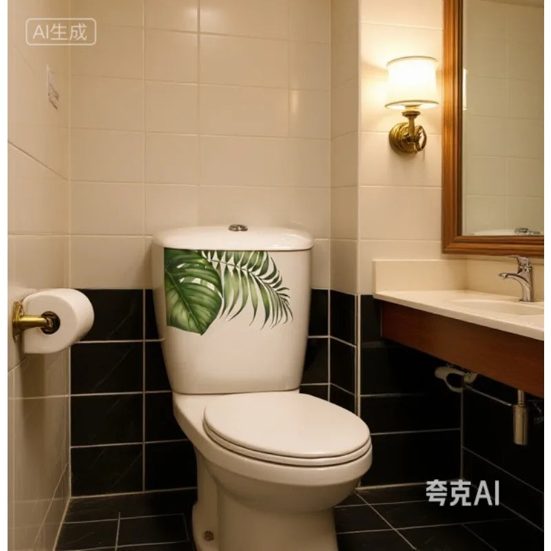 autocollant adhésif toilette moderne feuille tropicale verte papier toilette brosse wc salle bain PVC