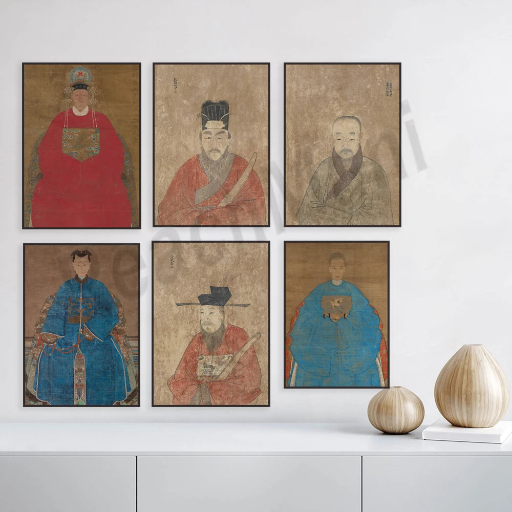 Une collection de portraits historiques réalisés dans un style artistique traditionnel, représentant des personnages importants de la culture asiatique.