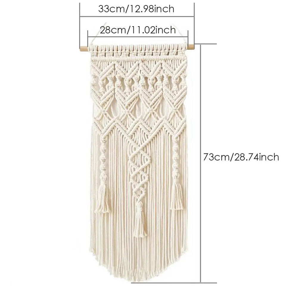 décoration murale macramé géométrique bohème franges suspendu tige bois ethnique artisanal triangles losanges