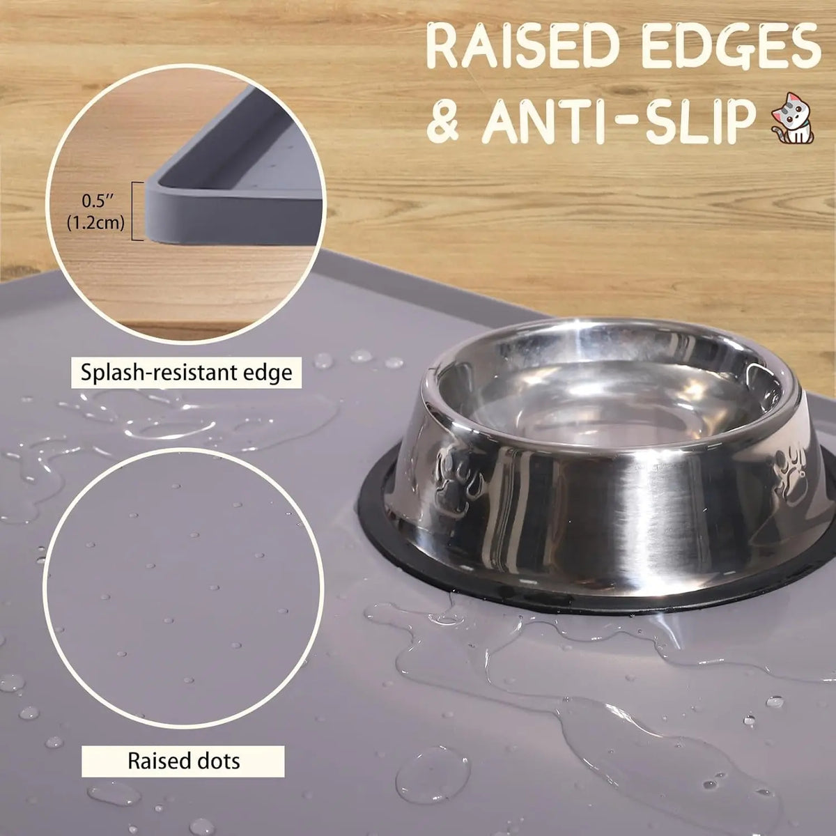 tapis silicone gris nourriture chien chat antidérapant rebord points relief