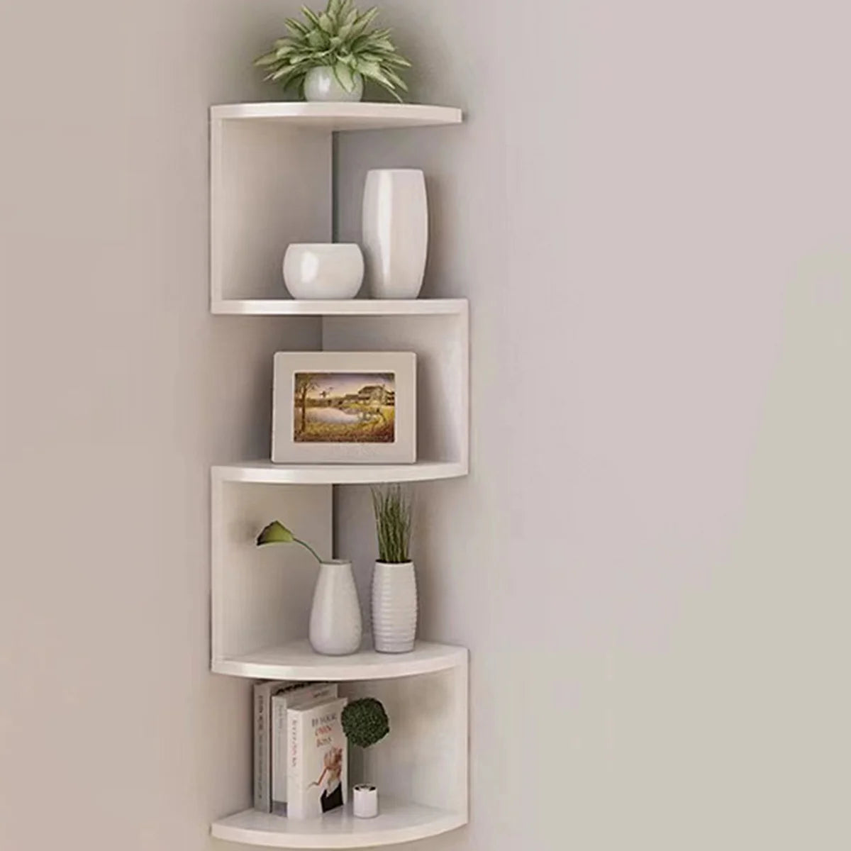 présentoir angle blanc noir minimaliste étagères murales multi niveaux décoration salon objets divers plantes