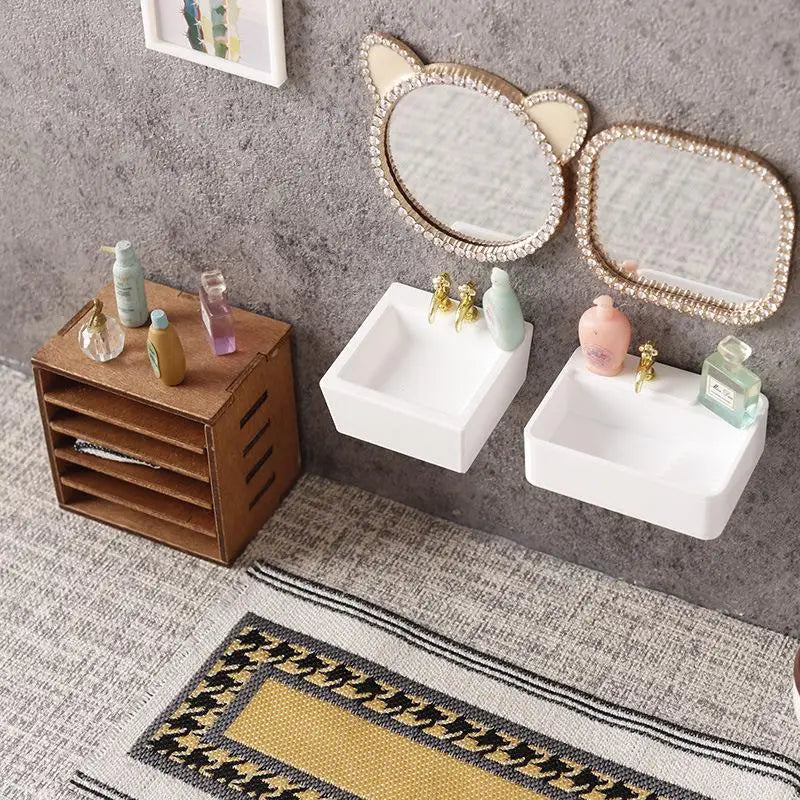 accessoires poupée miniature salle bain lavabos miroirs toilettes meubles tapis textures moderne