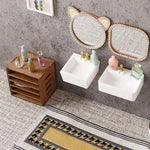 accessoires poupée miniature salle bain lavabos miroirs toilettes meubles tapis textures moderne