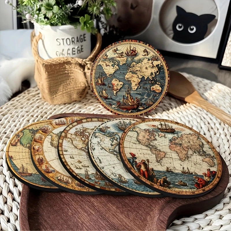 coasters vintage carte monde ancienne motifs decoratifs bois respectueux environnement beige marron bleu vert
