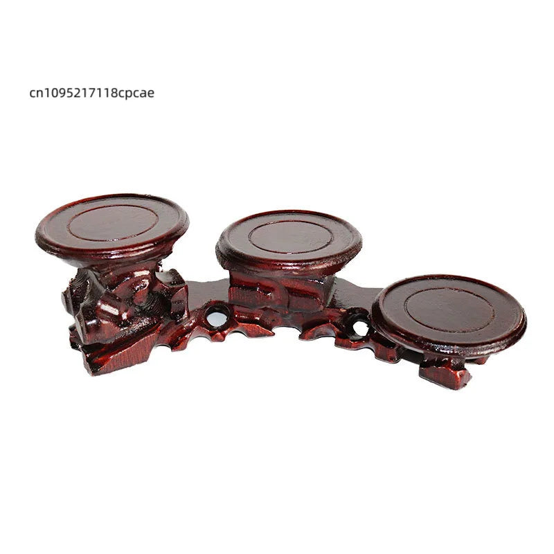 présentoir bois sculpté chinois plateformes circulaires vases céramique fleur séchée bouddha pierre