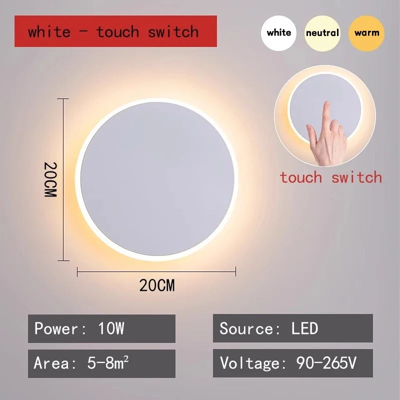 applique murale moderne led noir blanc éclairage circulaire minimaliste fixée mur tactile sans interrupteur