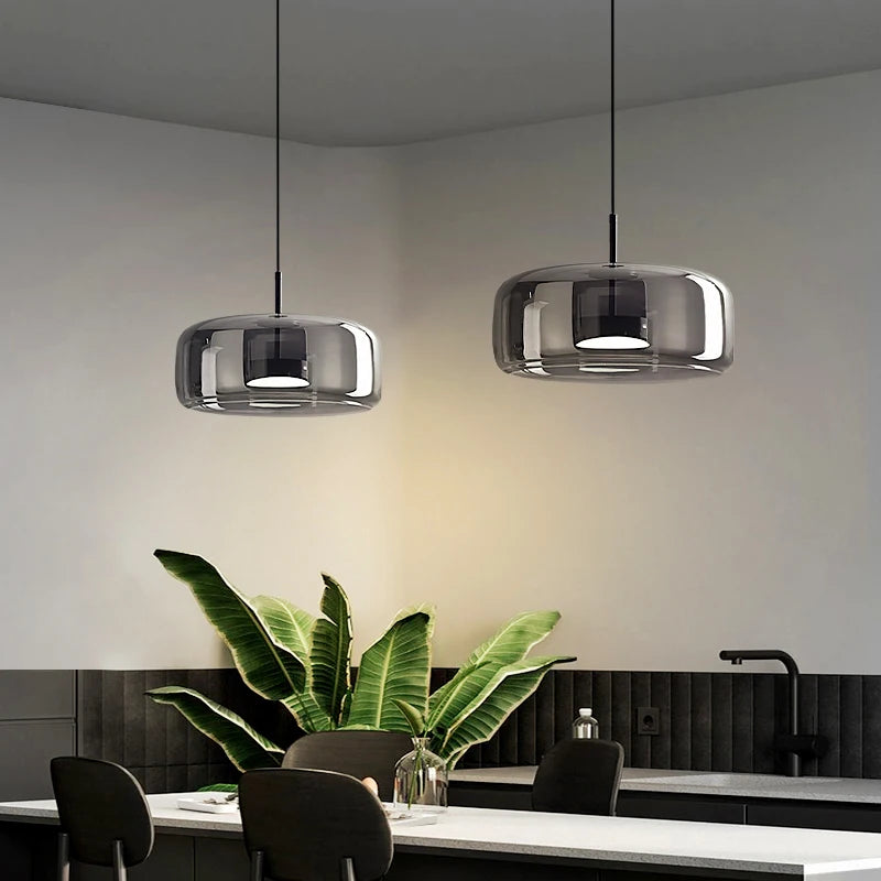 luminaire suspension moderne verre transparent doré câble salon salle manger