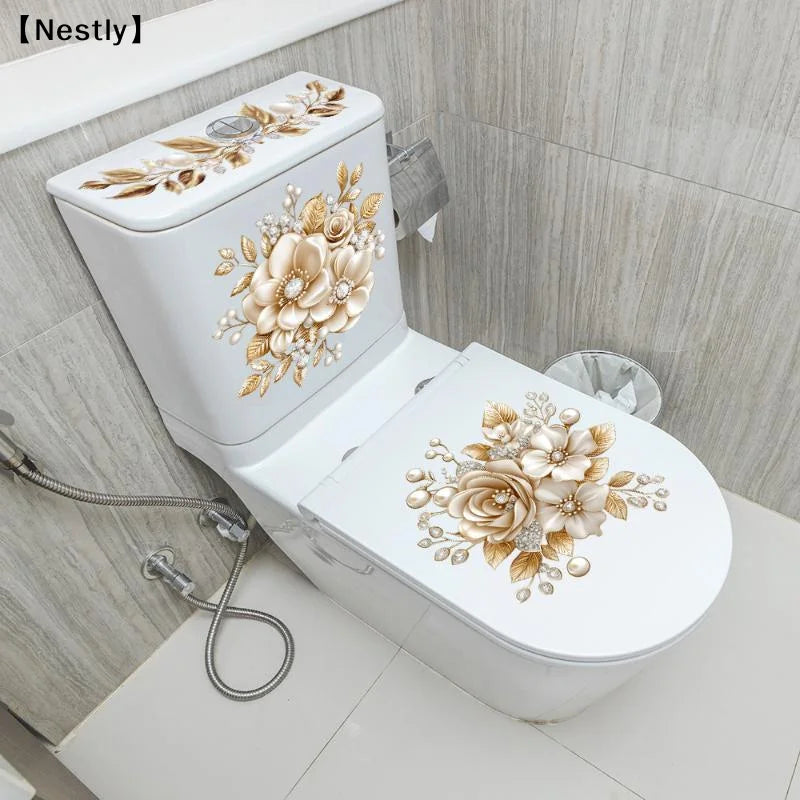 cache wc blanc doré fleurs adhésif classique décoratif salle bain