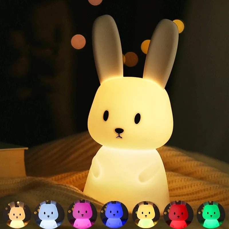 veilleuse nuit lapin blanc moderne enfant led silicone câble usb pression contrôle chambre décoration