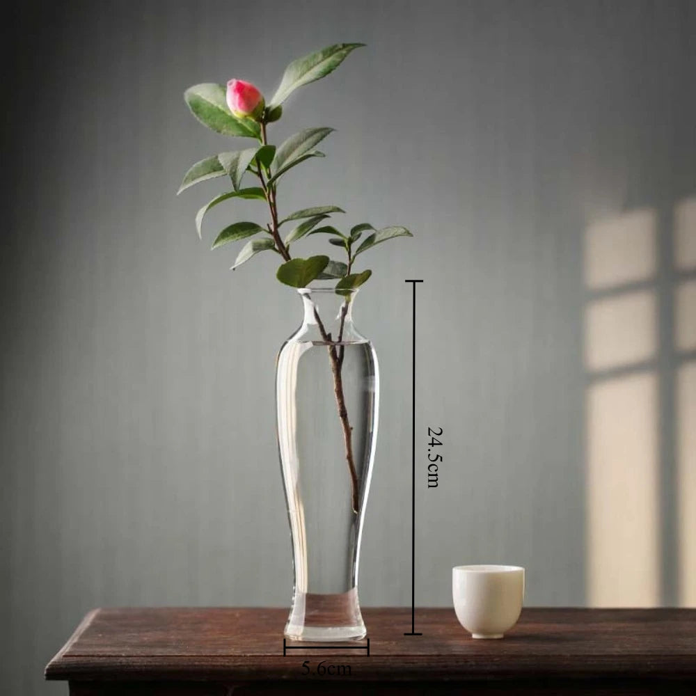 vase verre transparent minimaliste japonais fleurs branches feuilles