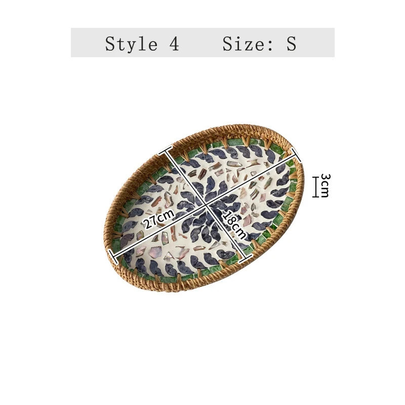 assiettes ovales rotin mosaïque coquillages boho rustique multicolore thé collations