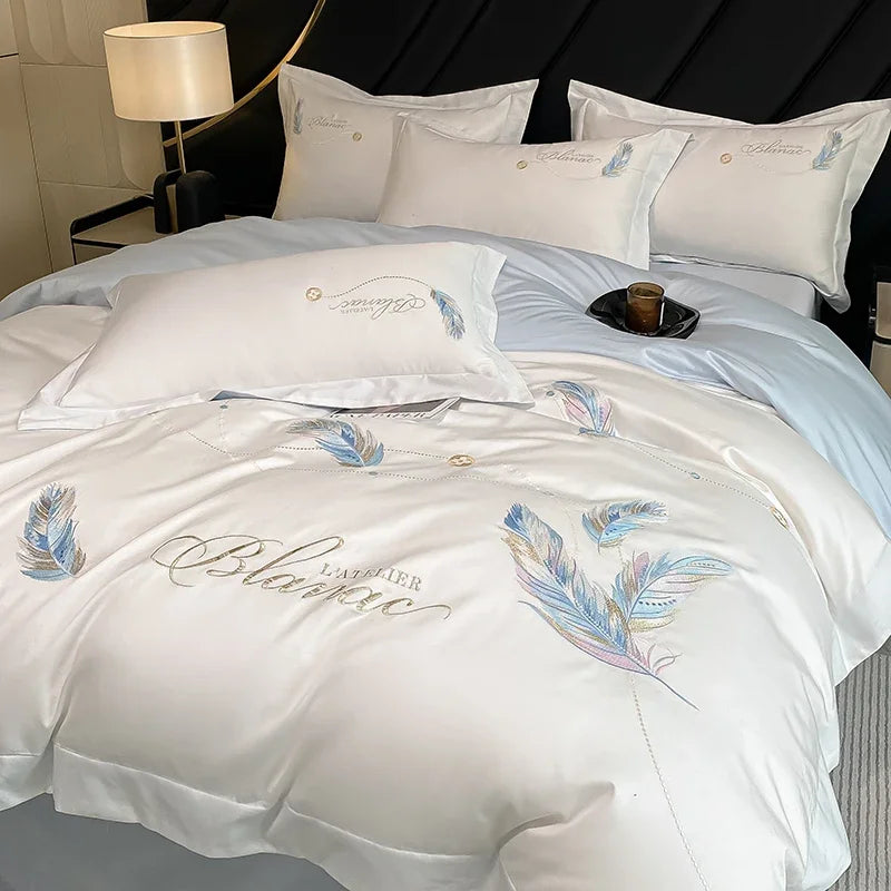 ensemble literie brodé plumes colorées blanc rose clair coton sergé taille king queen full