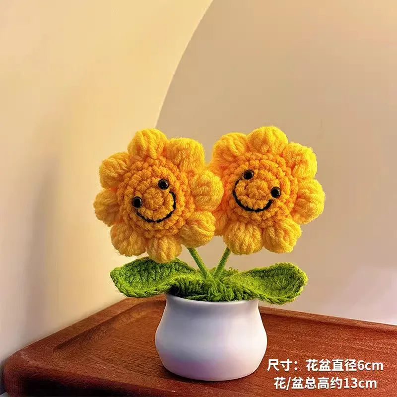 fleurs artificielles tricotées tournesol soie mixte couleurs vase blanc décoration intérieure créative artisanale