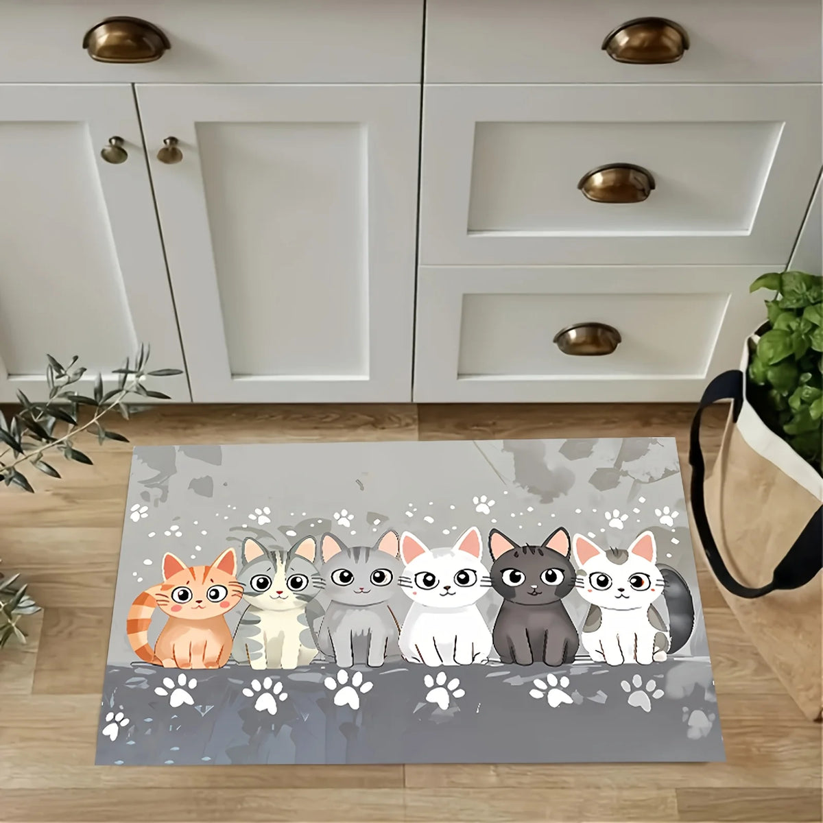 tapis sol chatons mignons gris blanc noir moderne imperméable résistantintérieur cuisine salon