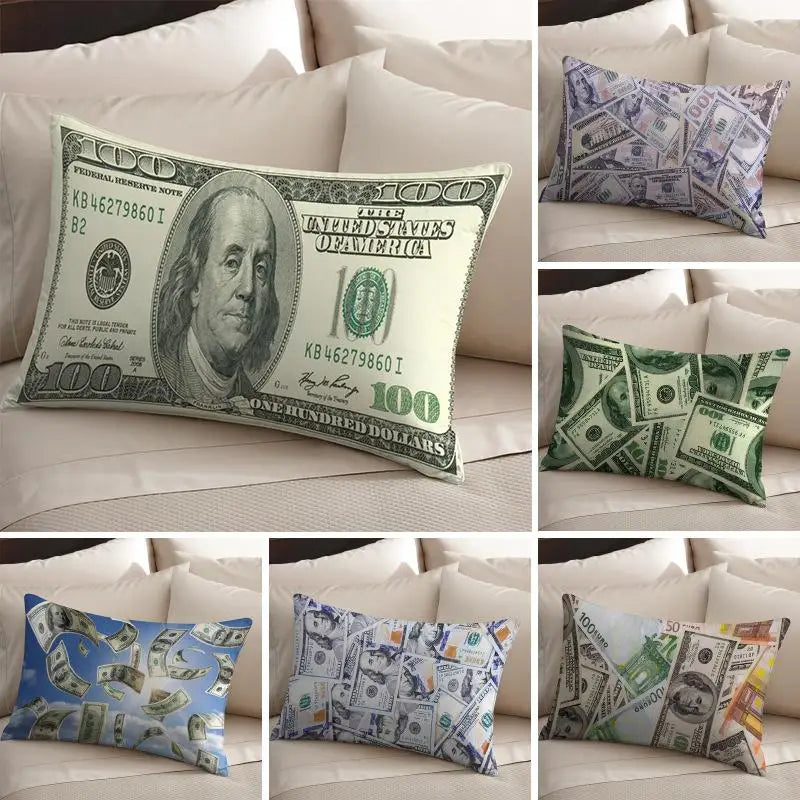 housse coussin motif dollar moderne vert blanc bleu imprimé polyester coton fixation lit décoration