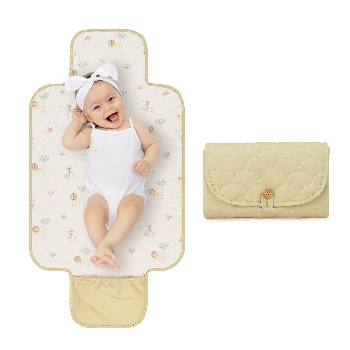 tapis change bébé imprimé floral moderne poche rangement couches beige clair