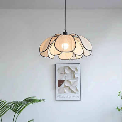 Suspension fleur rétro noire abat-jour tissu