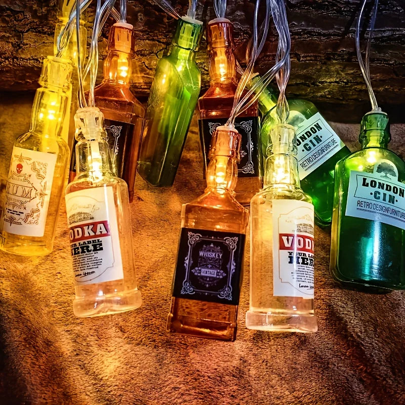 décoration noël guirlande lumineuse bouteilles alcool étiquettes imprimées couleurs chaudes led fil cuivre