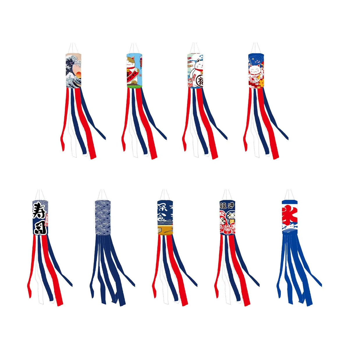 Éventail vent koinobori japonais motifs maneki neko rubans colorés bleu marine rouge blanc