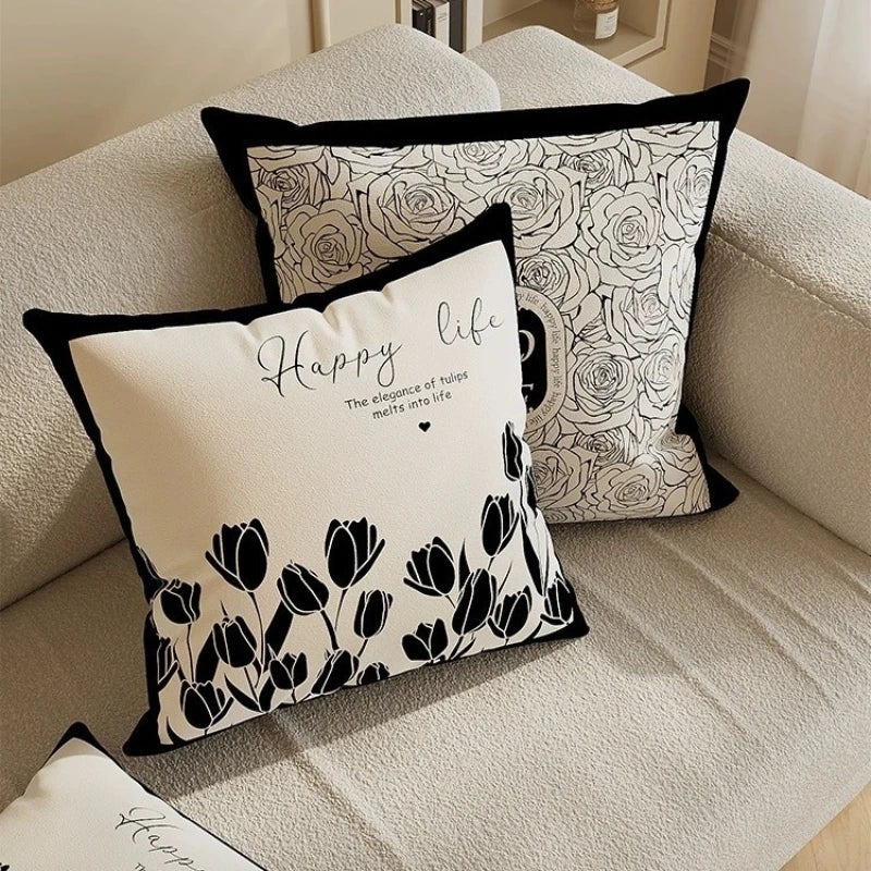housse coussin moderne motif floral polyester respectueux environnement blanc noir fixations