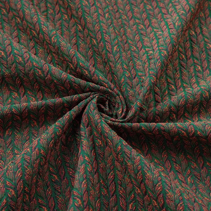 tissu polyester jacquard motif feuilles vert foncé rouge rustique épais texturé plié bricolage automne