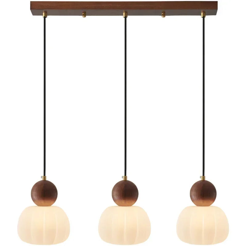 suspension lumineuse trois abatjour bois foncé blanc laiteux moderne minimaliste