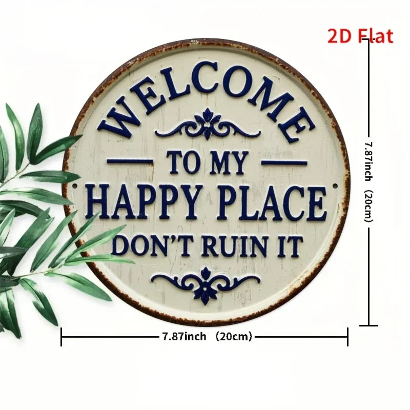 plaque décorative circulaire bois vintage blanc brun lettres bleues bordure rustique 20cm diameter