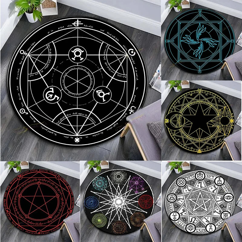tapis rond décoratif mystique motif pentagramme géométrique moderne chambre enfant salon maison noir