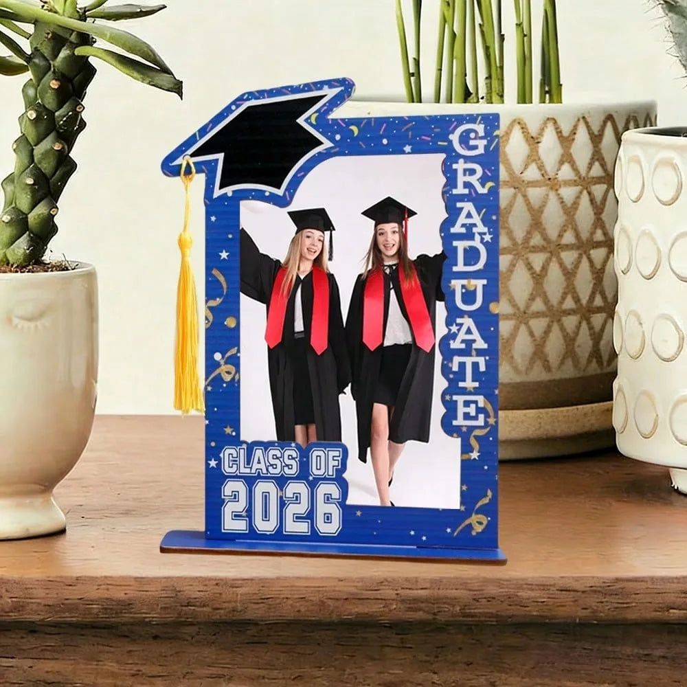 cadres photo graduation class 2026 bleu noir blanc confettis graduate hat festive
