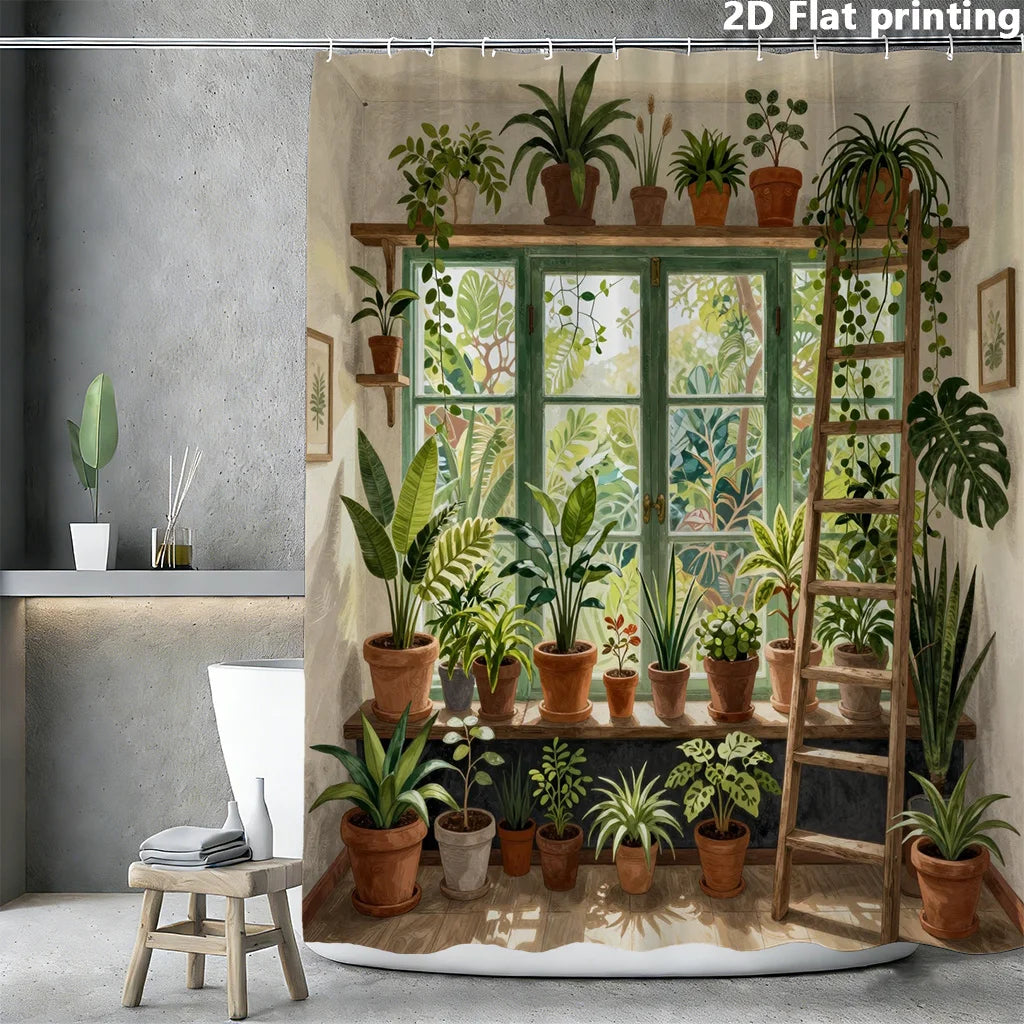 rideau douche moderne multicolore imprimé végétal pots fleurs opacité 150x180cm anneaux