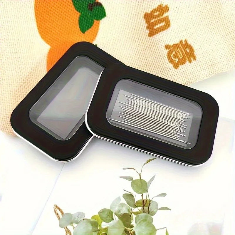 boîte aiguilles noire miroir transparent moderne rangement aiguilles coudre utilitaire compact élégante pratique travailler