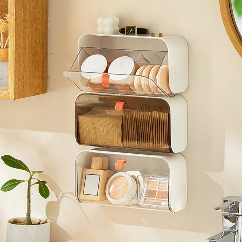 boîte rangement murale adhésive transparente blanche moderne maquillage disques coton applicateurs toilettage