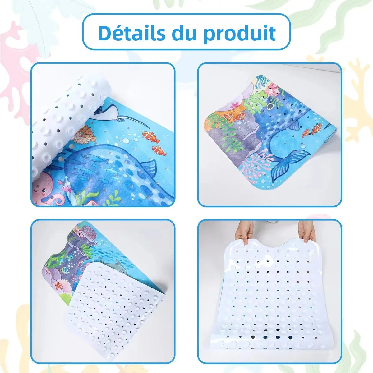tapis baignoire enfant thème marin poissons coraux bulles ventouses salle bain sécurité antidérapant