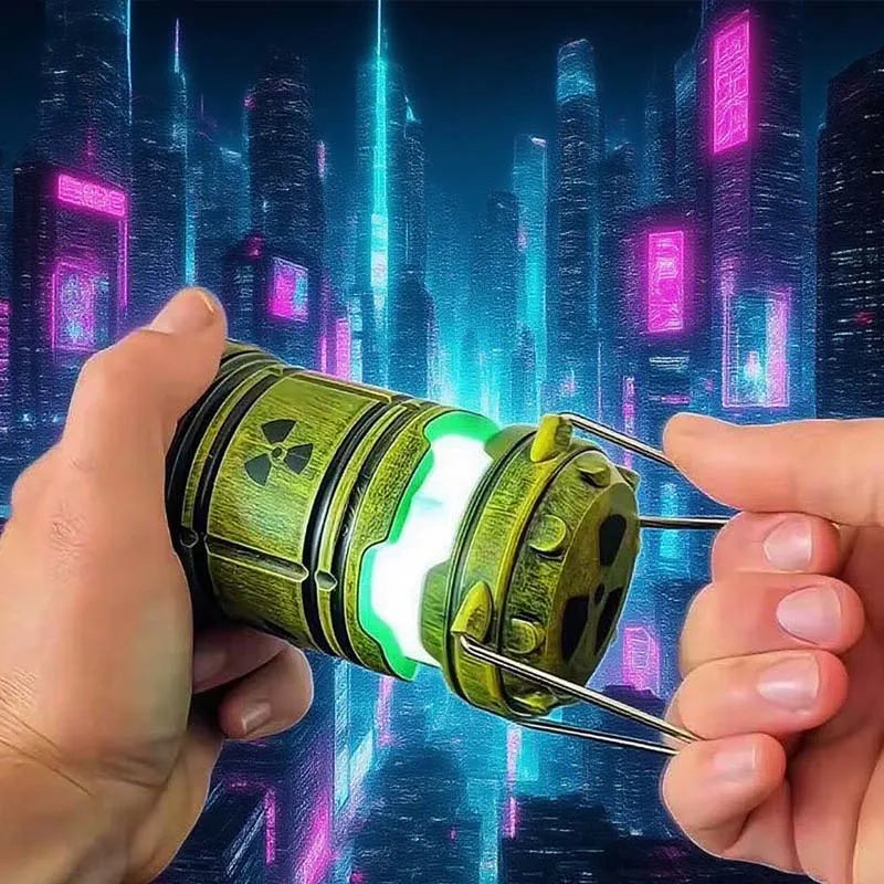 veilleuse deco radioactive bidon vert motif danger science fiction halloween citrouille chauve souris tombes