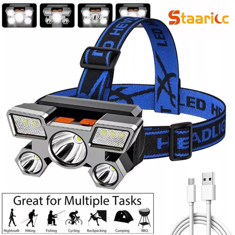 lampe frontale led rechargeable bleu doré bande ajustable camping pêche chasse rando flashlight headlamp