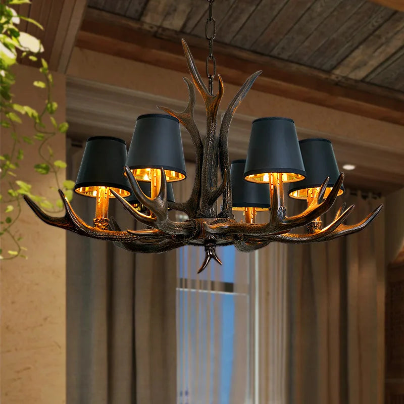 lustre rustique vintage têtes antlers noirs marron clair salon salle manger