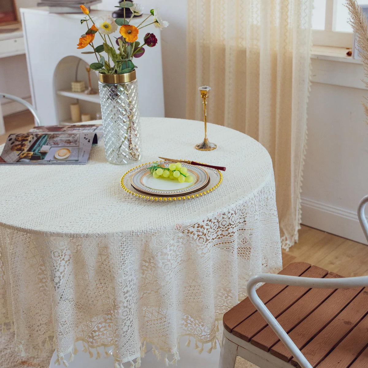 nappe table crochet pompons dentelle beige motifs floraux boho chic réutilisable coton table restaurantextérieur