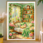 kit broderie point croix chambre lit fenetre bibliothèque livres couleurs vert rose jaune orange