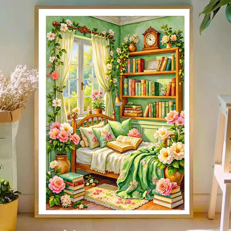 kit broderie point croix chambre lit fenetre bibliothèque livres couleurs vert rose jaune orange