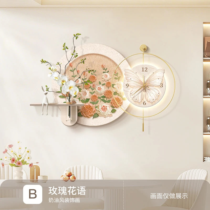 horloge murale moderne fleurs papillon rose blanc doré