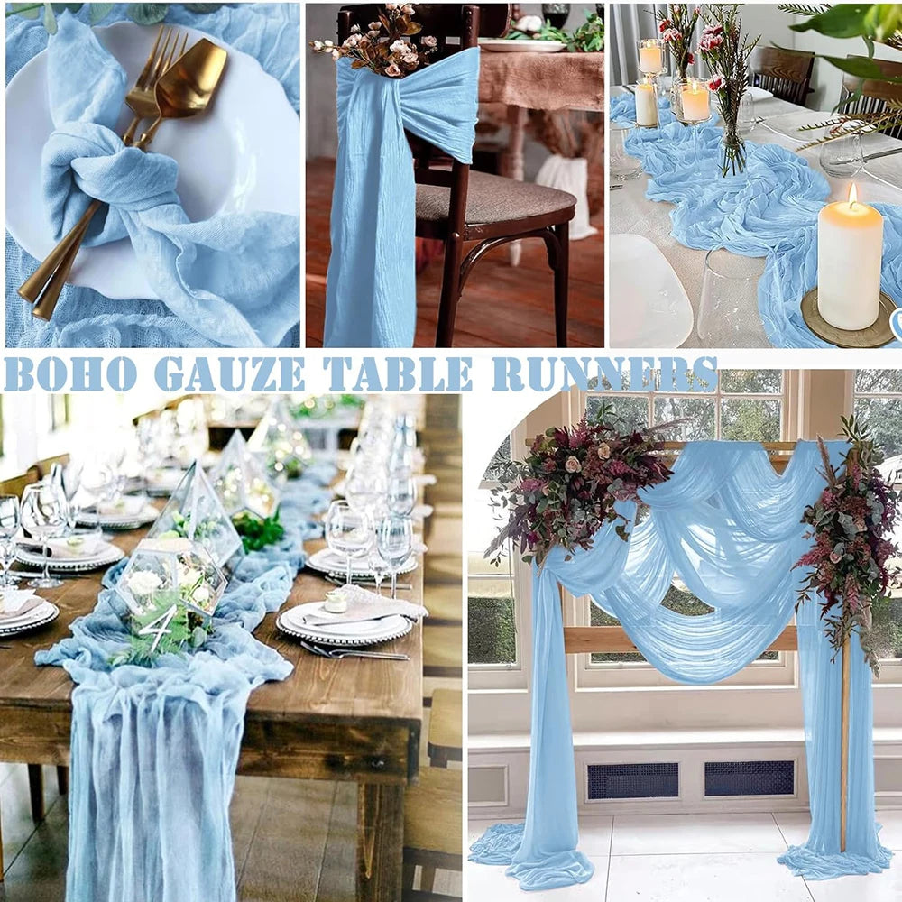chemin table bleu pastel gaze rustique boho chic décoration mariage fête maison longue